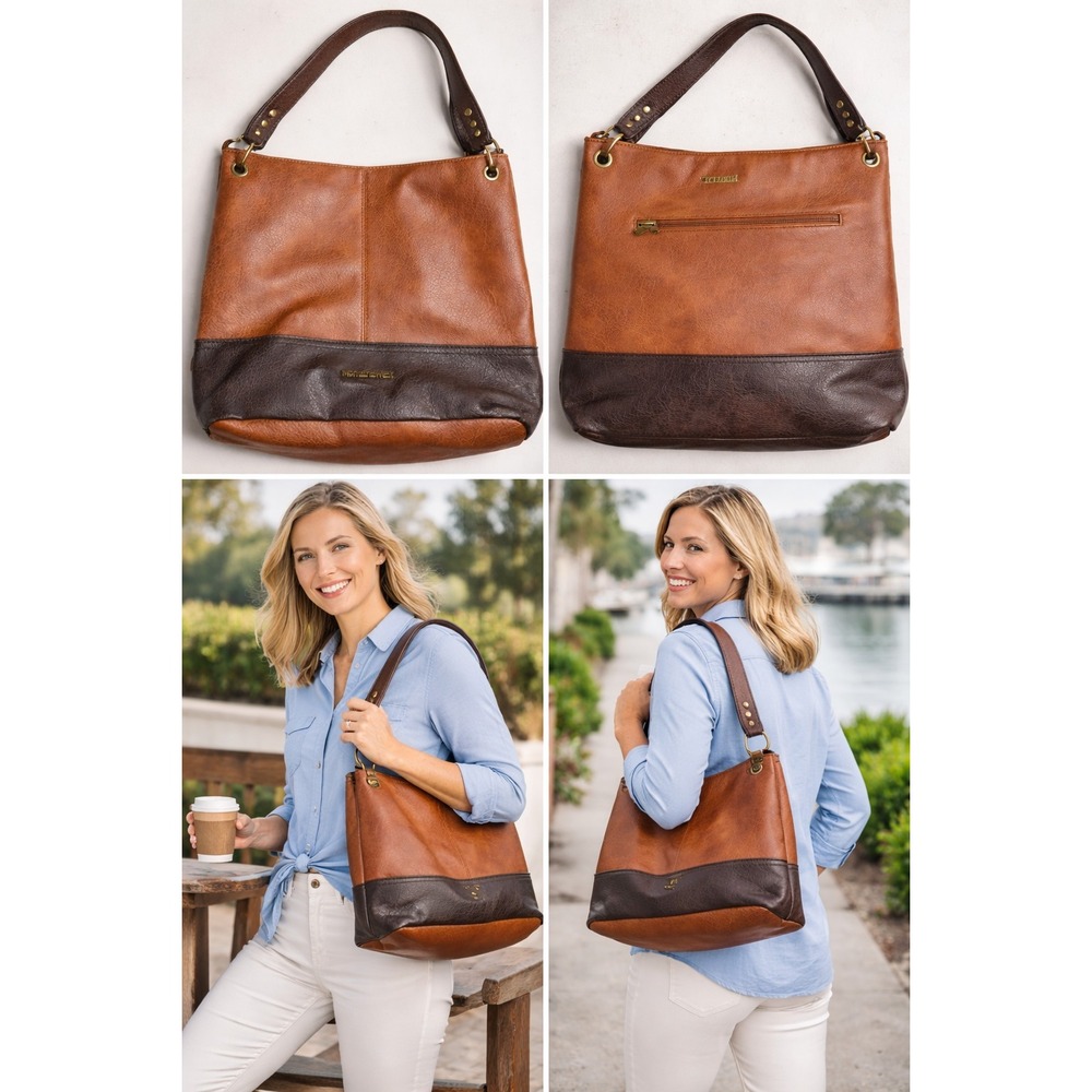 Montana West Brown‎ Two Tone Western Hobo Vegan Leather Tote Shoulder Bag Purse